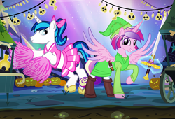 Size: 1000x681 | Tagged: safe, artist:pixelkitties, princess cadance, shining armor, alicorn, pony, unicorn, belt, cheerleader, clothes, costume, crossdressing, crossover, dress, duo, levitation, link, looking at you, magic, nightmare night, nightmare night costume, nintendo, pom pom, raised hoof, smiling, spread wings, sword, telekinesis, the legend of zelda, the legend of zelda: tri force heroes, weapon