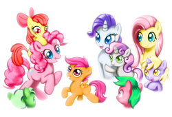 Size: 2016x1371 | Tagged: safe, artist:honey117, apple bloom, dinky hooves, fluttershy, pinkie pie, rarity, scootaloo, sweetie belle, oc, earth pony, pegasus, pony, unicorn, cutie mark crusaders, female, filly, mare, pony hat, smiling