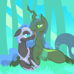 Size: 3516x3516 | Tagged: safe, artist:b-epon, nightmare moon, queen chrysalis, alicorn, changeling, changeling queen, pony, bedroom eyes, chrysmoon, cuddling, female, floppy ears, grass, hug, lesbian, licking, looking at each other, mare, open mouth, prone, shipping, smiling, snuggling, tongue out