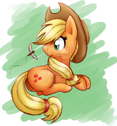 Size: 900x964 | Tagged: safe, artist:mahoxyshoujo, applejack, earth pony, pony, looking back, prone, solo, watermark