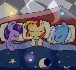 Size: 1344x1240 | Tagged: safe, artist:cloureed, derpibooru import, sunset shimmer, trixie, twilight sparkle, pony, unicorn, bed, blanket, fanfic, fanfic art, filly, filly sunset shimmer, filly trixie, filly twilight sparkle, magical trio, nap, sleeping, sleepover, sunsleep shimmer, younger