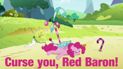 Size: 580x325 | Tagged: safe, pinkie pie, earth pony, pony, flying, meme, peanuts, pink text, red baron