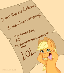 Size: 746x843 | Tagged: safe, artist:daikaluff, applejack, earth pony, pony, the super speedy cider squeezy 6000, letter, silly, silly pony, solo