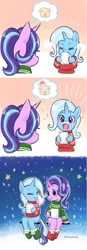 Size: 483x1385 | Tagged: safe, artist:5mmumm5, derpibooru import, starlight glimmer, trixie, pony, unicorn, blushing, christmas sweater, clothes, coffee mug, comic, cute, diatrixes, duo, eggnog, facial hair, female, glimmerbetes, mare, moustache, mug, snow, snowflake, sweater