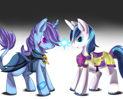 Size: 1000x800 | Tagged: safe, artist:pikachim-michi, shining armor, oc, oc:azure night, pony, unicorn, armor, scar, stare