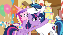 Size: 1920x1080 | Tagged: safe, screencap, princess cadance, shining armor, twilight sparkle, twilight sparkle (alicorn), alicorn, pony, unicorn, the one where pinkie pie knows, female, hug, mare