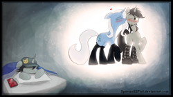 Size: 3840x2160 | Tagged: safe, artist:spartane27lol, derpibooru import, trixie, oc, pony, unicorn, blushing, boots, canon x oc, clothes, dream, female, heart, kissing, male, mare, shipping, socks, straight