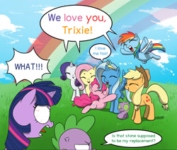 Size: 1543x1308 | Tagged: safe, artist:doublewbrothers, derpibooru import, edit, applejack, pinkie pie, rainbow dash, rarity, spike, trixie, twilight sparkle, twilight sparkle (alicorn), alicorn, pony, the cutie re-mark, alternate mane six, alternate timeline, angry, cropped, cross-popping veins, dialogue, eyes closed, filly, hug, race swap, rainbow, rock, trixiecorn