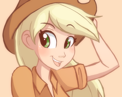 Size: 720x576 | Tagged: safe, artist:ric-m, applejack, human, beautiful, bust, colored background, cute, humanized, jackabetes, open mouth, solo