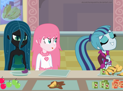Size: 4800x3556 | Tagged: safe, artist:mixermike622, artist:skycatcherequestria, queen chrysalis, sonata dusk, oc, oc:fluffle puff, changeling, changeling queen, equestria girls, rainbow rocks, imminent death, it is on, sonataco, taco, this will end in death, this will end in tears, this will end in tears and/or death, tongue out
