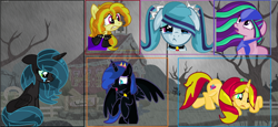 Size: 3832x1764 | Tagged: safe, artist:xxsactaviaxx, adagio dazzle, aria blaze, nightmare moon, queen chrysalis, sonata dusk, sunset shimmer, changeling, changeling queen, pony, equestria girls, rainbow rocks, what my cutie mark is telling me