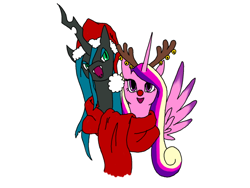 Size: 800x600 | Tagged: safe, artist:celestialsapphire, princess cadance, queen chrysalis, alicorn, changeling, changeling queen, pony, clothes, hat, red nose, reindeer antlers, santa hat, scarf, shared clothing, shared scarf, simple background, white background