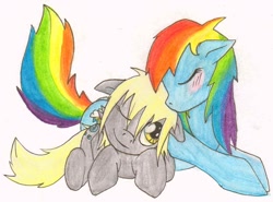 Size: 1092x806 | Tagged: safe, artist:mlp-hatersgonnahate, derpy hooves, rainbow dash, pegasus, pony, blushing, cute, derpydash, female, lesbian, mare, shipping, traditional art