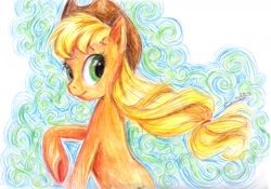 Size: 1727x1208 | Tagged: safe, artist:my-magic-dream, applejack, earth pony, pony, abstract background, looking back, raised hoof, solo, traditional art