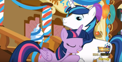 Size: 852x433 | Tagged: safe, screencap, shining armor, twilight sparkle, twilight sparkle (alicorn), alicorn, pony, unicorn, the one where pinkie pie knows, brother and sister, female, male, mare, siblings, tongue out