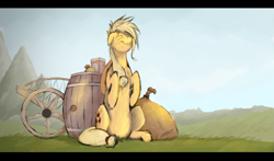 Size: 1561x915 | Tagged: safe, artist:qsteel, applejack, earth pony, pony, barrel, cart, eyes closed, grass, outdoors, scenery, sitting, smiling, solo, wheel