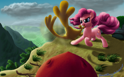 Size: 1024x640 | Tagged: safe, artist:deathpwny, pinkie pie, dragon, earth pony, pony, female, mare, pink coat, pink mane, rubber chicken