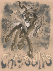 Size: 1780x2360 | Tagged: safe, artist:andypriceart, queen chrysalis, changeling, changeling queen, fangs, grayscale, looking at you, monochrome, open mouth, solo, tongue out, traditional art