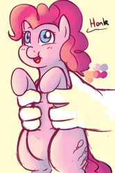 Size: 664x1000 | Tagged: source needed, safe, artist:redintravenous, artist:rustydooks, pinkie pie, human, color palette, colored, cute, dialogue, diapinkes, disembodied hand, hand, honk, offscreen character, offscreen human, solo focus