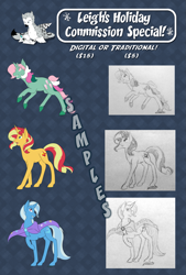 Size: 1181x1748 | Tagged: safe, artist:kourabiedes, derpibooru import, fizzy, sunset shimmer, trixie, pony, unicorn, g1, advertisement, commission info, g1 to g4, generation leap, misleading thumbnail