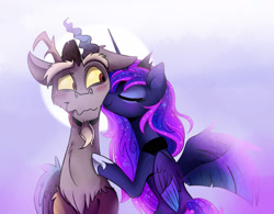 Size: 2524x1970 | Tagged: safe, artist:elementalokami, discord, princess luna, alicorn, pony, blushing, colored wings, colored wingtips, cute, discute, eyes closed, female, floppy ears, kiss on the cheek, kissing, lunacord, male, nuzzling, shipping, smiling, spread wings, straight, tongue out, wavy mouth