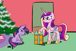 Size: 1200x805 | Tagged: safe, artist:icesticker, princess cadance, twilight sparkle, alicorn, pony, coal, filly, hearth's warming, newbie artist training grounds, present, sad