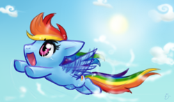 Size: 322x188 | Tagged: safe, artist:mahoxyshoujo, rainbow dash, pegasus, pony, cloud, cloudy, flying, sky, sun