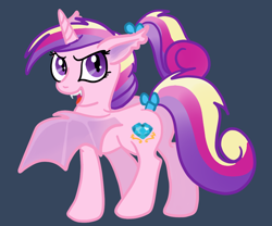 Size: 1200x1000 | Tagged: safe, artist:kuromi, princess cadance, bat pony, pony, fangs, glare, looking at you, looking back, lovebat, open mouth, plot, ponytail, race swap, smirk, solo, spread wings, tail bow, teen princess cadance, tumblr