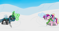 Size: 1200x634 | Tagged: safe, artist:icesticker, princess cadance, queen chrysalis, alicorn, changeling, changeling queen, pony, clothes, magic, scarf, snow, snowball, snowball fight, winter