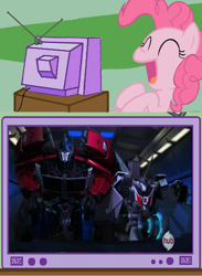 Size: 734x1001 | Tagged: safe, pinkie pie, pony, exploitable meme, hub logo, meme, optimus prime, transformers, tv meme, wheeljack