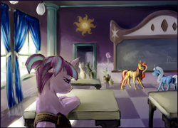 Size: 2000x1440 | Tagged: safe, artist:cuttledreams, derpibooru import, starlight glimmer, sunset shimmer, trixie, pony, unicorn, birth of evil, blank flank, bullying, filly, flower, origin story, pigtails, plant, pony pov series, saddle bag, start of darkness