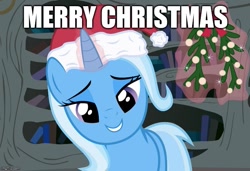 Size: 731x500 | Tagged: safe, derpibooru import, trixie, pony, unicorn, caption, christmas, glowing horn, golden oaks library, hat, holiday, horn, image macro, magic, santa hat, solo, telekinesis, text