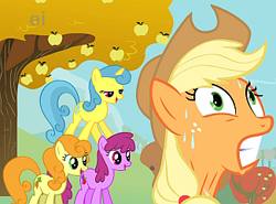 Size: 325x241 | Tagged: safe, screencap, applejack, berry punch, berryshine, carrot top, golden harvest, lemon hearts, earth pony, pony, fall weather friends, out of context, pony pyramid