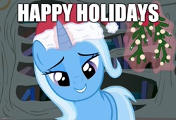 Size: 731x500 | Tagged: safe, derpibooru import, trixie, bedroom eyes, caption, christmas, golden oaks library, hat, holiday, image macro, santa hat, smiling, solo, text