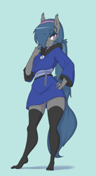 Size: 1481x2710 | Tagged: safe, artist:skecchiart, oc, oc only, oc:river rhythm, anthro, bat pony, plantigrade anthro, big breasts, breasts, clothes, female, hair over one eye, hairband, looking at you, mare, robe, socks, solo, thigh highs, vaguely asian robe