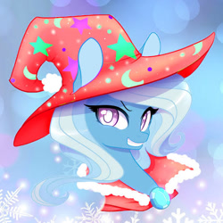 Size: 554x554 | Tagged: source needed, safe, artist:lolopan, derpibooru import, edit, trixie, pony, unicorn, bust, christmas, cute, diatrixes, female, grin, hat, holiday, mare, portrait, smiling, solo