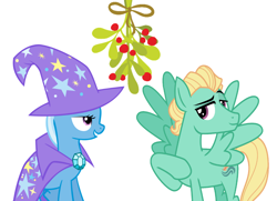 Size: 1042x756 | Tagged: safe, derpibooru import, edit, trixie, zephyr breeze, christmas, female, holiday, male, mistleholly, shipping, straight, trixbreeze