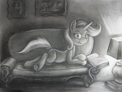 Size: 1600x1200 | Tagged: safe, artist:darkdoomer, derpibooru import, trixie, pony, unicorn, bedroom eyes, book, female, lamp, looking at you, mare, monochrome, picture frame, prone, reading, sofa, solo, traditional art