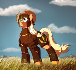 Size: 1155x1077 | Tagged: safe, artist:mistermech, applejack, earth pony, pony, fanfic:it's a dangerous business going out your door, armor, female, leather armor, mare, solo