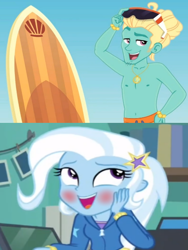 Size: 440x586 | Tagged: safe, derpibooru import, edit, edited screencap, screencap, trixie, zephyr breeze, better together, blue crushed, equestria girls, forgotten friendship, blushing, female, male, shipping, shipping domino, straight, trixbreeze
