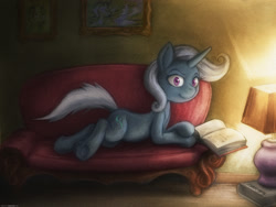 Size: 1600x1200 | Tagged: safe, artist:darkdoomer, derpibooru import, trixie, pony, unicorn, bedroom eyes, book, colored, female, lamp, looking at you, mare, prone, reading, sofa, solo, traditional art