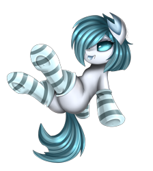Size: 2550x2850 | Tagged: safe, artist:pridark, oc, oc only, oc:freyja, changedling, changeling, clothes, commission, female, ice changeling, one eye closed, plot, simple background, smiling, socks, solo, stockings, striped socks, thigh highs, tongue out, transparent background, wink, ych result