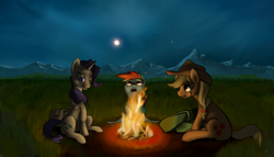 Size: 2921x1672 | Tagged: safe, artist:sevireth, applejack, rainbow dash, rarity, earth pony, pegasus, pony, unicorn, fanfic:it's a dangerous business going out your door, campfire, fanfic, fanfic art, fire, moon, night, trio