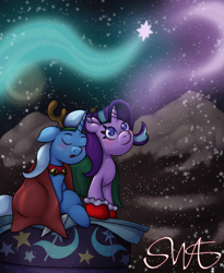 Size: 1831x2236 | Tagged: safe, artist:swasfews, derpibooru import, starlight glimmer, trixie, pony, unicorn, blushing, christmas, fake antlers, female, floppy ears, holiday, mare, sitting, sleeping, stars, trixie's wagon