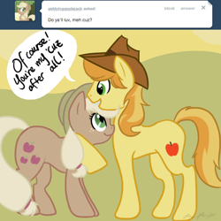 Size: 700x700 | Tagged: safe, applejack, braeburn, earth pony, pony, ask braeburn!, discorded, female, mare