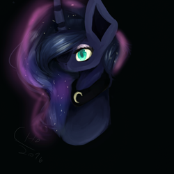 Size: 1400x1400 | Tagged: safe, artist:cheetospony, princess luna, alicorn, pony, black background, bust, female, hair over one eye, huge ears, mare, milestone, simple background, solo, watermark