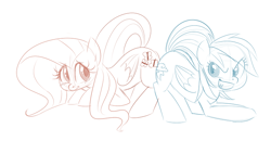 Size: 744x388 | Tagged: safe, artist:jessy, fluttershy, rainbow dash, pegasus, pony, blushing, butt bump, butt to butt, butt touch, duo, female, mare, monochrome, prone, simple background, sketch, white background