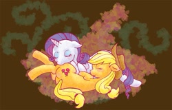 Size: 600x385 | Tagged: safe, artist:ozu, applejack, rarity, earth pony, pony, unicorn, cuddling, female, lesbian, pixiv, rarijack, shipping, sleeping