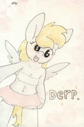 Size: 688x1045 | Tagged: safe, artist:slightlyshade, derpy hooves, pony, semi-anthro, bandeau, belly button, bipedal, clothes, cute, derpabetes, midriff, skirt, solo, stockings, thigh highs