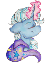 Size: 1024x1267 | Tagged: safe, artist:pizza0w0, derpibooru import, trixie, pony, unicorn, eyes closed, female, mare, portrait, simple background, solo, traditional art